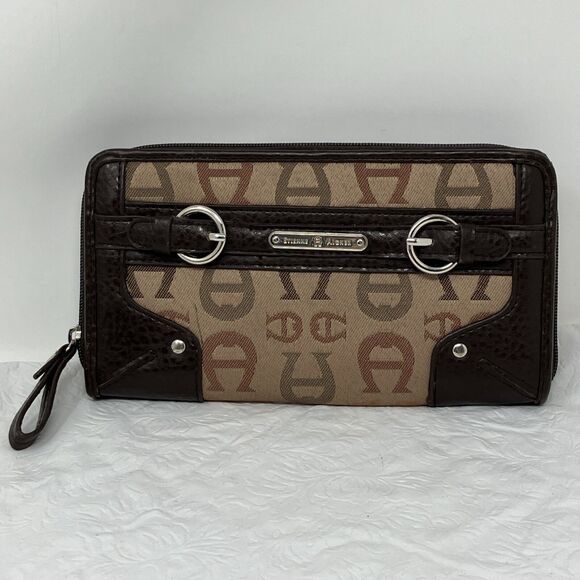 Etiennne Aigner Wallet Logo Fabric With Leather Trim Brown - Picture 1 of 16